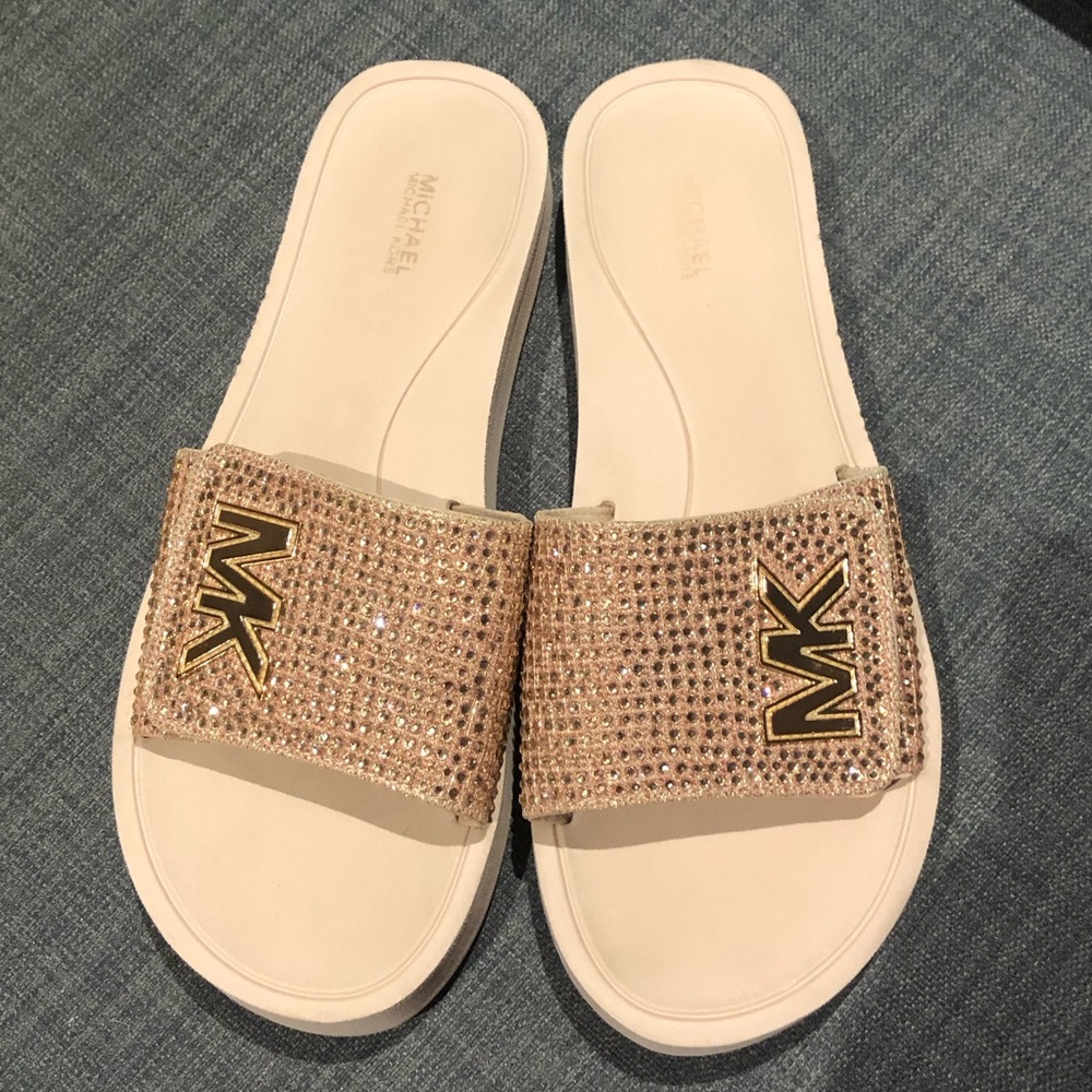 Michael Kors Rose Gold Crystal-Embellished Slide Sandals